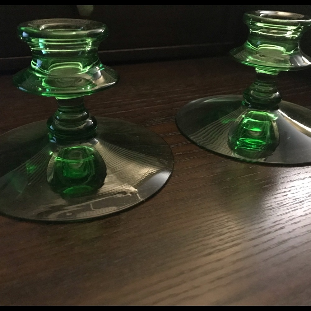 Vintage Pair of Green Depression Vaseline Uranium Glass Candlestick Holders